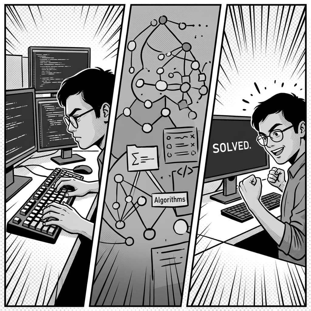 Ekramul solving coding puzzles comic panel